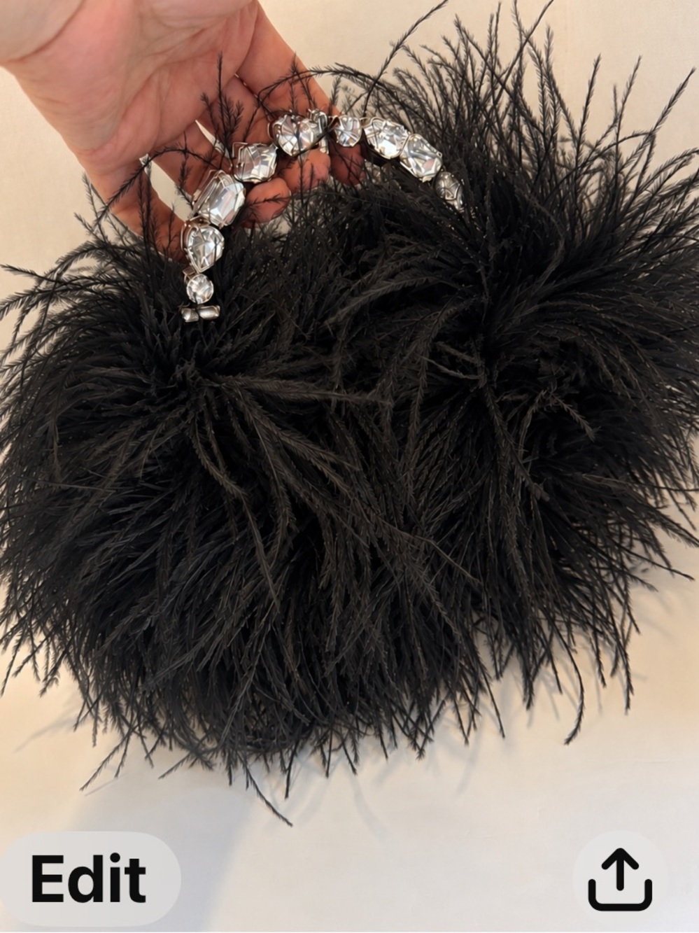 L’Alingi Black Satin Designer Luxury Ostrich Feather Evening Bag Crystal Handle